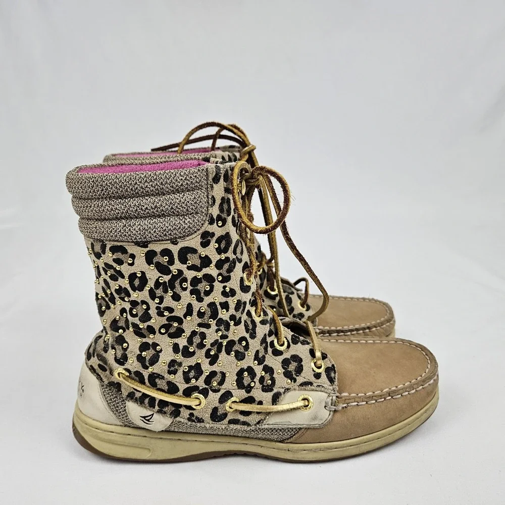 Sperry Top Sider Hikerfish Boot Booties 8M Tan Leather Cheetah Print